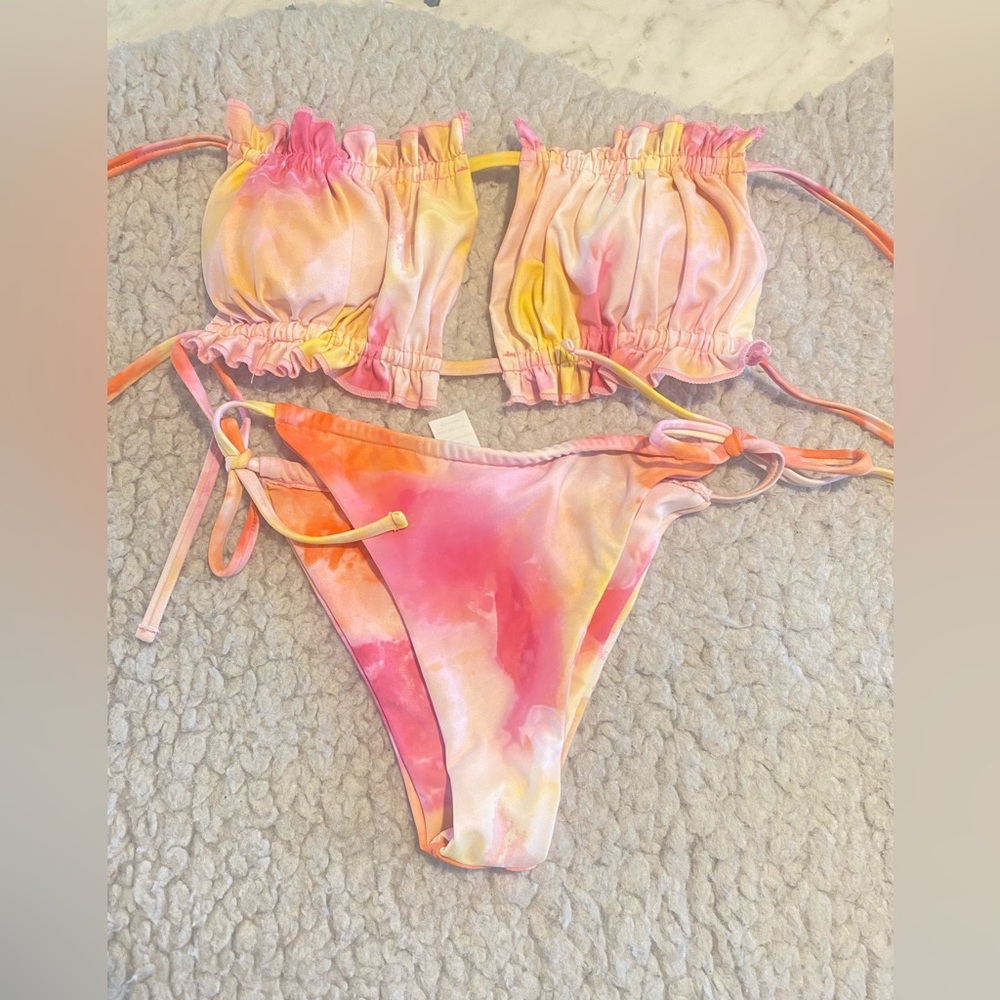 Pink Yellow Tie dye strapless Bikini